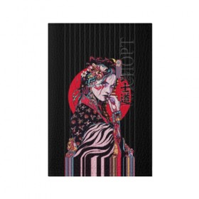 Обложка для паспорта матовая кожа с принтом Гейша в Тюмени, натуральная матовая кожа | размер 19,3 х 13,7 см; прозрачные пластиковые крепления | beauty | black | bright | character | cool | decorations | flowers | geisha | girl | hairstyle | japan | kimon | lines | red | stripes | woman | young | девушка | женщина | иероглиф | кимоно | красный | красотка | круто | линии | молодая | полосы 
