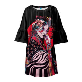Детское платье 3D с принтом Гейша в Тюмени, 100% полиэстер | прямой силуэт, чуть расширенный к низу. Круглая горловина, на рукавах — воланы | beauty | black | bright | character | cool | decorations | flowers | geisha | girl | hairstyle | japan | kimon | lines | red | stripes | woman | young | девушка | женщина | иероглиф | кимоно | красный | красотка | круто | линии | молодая | полосы 