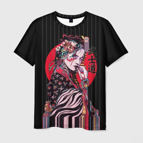 Мужская футболка 3D с принтом Гейша в Тюмени, 100% полиэфир | прямой крой, круглый вырез горловины, длина до линии бедер | beauty | black | bright | character | cool | decorations | flowers | geisha | girl | hairstyle | japan | kimon | lines | red | stripes | woman | young | девушка | женщина | иероглиф | кимоно | красный | красотка | круто | линии | молодая | полосы 