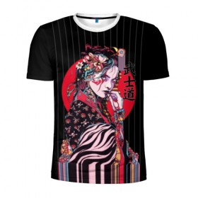 Мужская футболка 3D спортивная с принтом Гейша в Тюмени, 100% полиэстер с улучшенными характеристиками | приталенный силуэт, круглая горловина, широкие плечи, сужается к линии бедра | beauty | black | bright | character | cool | decorations | flowers | geisha | girl | hairstyle | japan | kimon | lines | red | stripes | woman | young | девушка | женщина | иероглиф | кимоно | красный | красотка | круто | линии | молодая | полосы 