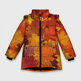 Зимняя куртка для девочек 3D с принтом Осенние листья в Тюмени, ткань верха — 100% полиэстер; подклад — 100% полиэстер, утеплитель — 100% полиэстер. | длина ниже бедра, удлиненная спинка, воротник стойка и отстегивающийся капюшон. Есть боковые карманы с листочкой на кнопках, утяжки по низу изделия и внутренний карман на молнии. 

Предусмотрены светоотражающий принт на спинке, радужный светоотражающий элемент на пуллере молнии и на резинке для утяжки. | Тематика изображения на принте: autumn | bright | flora | leaves | maple | nature | orange | plant | red | season | yellow | время года | желтый | клен | красный | листья | оранжевый | осень | природа | растение | сезон | флора | ярко