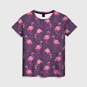 Женская футболка 3D с принтом Фламинго в Тюмени, 100% полиэфир ( синтетическое хлопкоподобное полотно) | прямой крой, круглый вырез горловины, длина до линии бедер | abstraction | beak | bird | fauna | feathers | flamingo | flora | geometry | happiness | nature | pink | purple | tropical | tropics | абстракция | геометрия | клюв | перья | природа | птица | розовый | счастье | тропики | тропический | фауна | фиолетовый