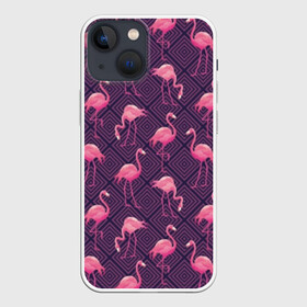 Чехол для iPhone 13 mini с принтом Фламинго в Тюмени,  |  | abstraction | beak | bird | fauna | feathers | flamingo | flora | geometry | happiness | nature | pink | purple | tropical | tropics | абстракция | геометрия | клюв | перья | природа | птица | розовый | счастье | тропики | тропический | фауна | фиолетовый