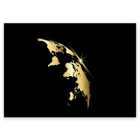 Поздравительная открытка с принтом Золотая планета в Тюмени, 100% бумага | плотность бумаги 280 г/м2, матовая, на обратной стороне линовка и место для марки
 | black | continent | earth | gold | map | planet | radiance | ray | world | земля | золото | карта | континент | луч | материк | мир | планета | сияние | черный