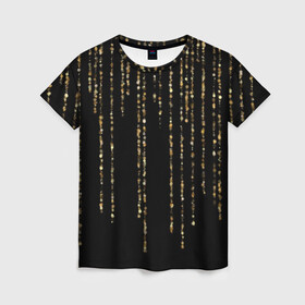 Женская футболка 3D с принтом Золотой глиттер в Тюмени, 100% полиэфир ( синтетическое хлопкоподобное полотно) | прямой крой, круглый вырез горловины, длина до линии бедер | black | christmas | confetti | decoration | garland | glitter | gold | holiday | lines | new year | rain | shimmer | shining | sparkle | блеск | блёстки | гирлянда | глиттер | дождь | золото | конфетти | линии | мерцание | новый год | праздник | рождество