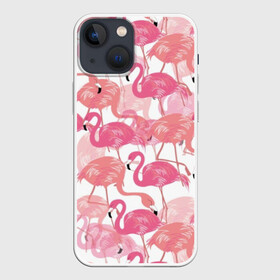 Чехол для iPhone 13 mini с принтом Фламинго в Тюмени,  |  | abstraction | beak | bird | coral | fauna | feathers | flamingo | flora | happiness | jungle | leaves | nature | pink | tropical | tropics | white | абстракция | белый | джунгли | клюв | коралловый | листья | перья | природа | птица | розовый | счастье | 