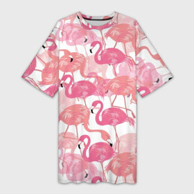 Платье-футболка 3D с принтом Фламинго в Тюмени,  |  | abstraction | beak | bird | coral | fauna | feathers | flamingo | flora | happiness | jungle | leaves | nature | pink | tropical | tropics | white | абстракция | белый | джунгли | клюв | коралловый | листья | перья | природа | птица | розовый | счастье | 