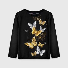 Детский лонгслив 3D с принтом Золотые бабочки в Тюмени, 100% полиэстер | длинные рукава, круглый вырез горловины, полуприлегающий силуэт
 | airy | black | butterfly | cool | cute | flight | flit | gold | insect | magical | white | wings | yellow | бабочка | белый | воздушный | волшебный | желтый | золото | крылья | милый | насекомое | полёт | порхать | прикольный | черный