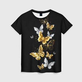 Женская футболка 3D с принтом Золотые бабочки в Тюмени, 100% полиэфир ( синтетическое хлопкоподобное полотно) | прямой крой, круглый вырез горловины, длина до линии бедер | airy | black | butterfly | cool | cute | flight | flit | gold | insect | magical | white | wings | yellow | бабочка | белый | воздушный | волшебный | желтый | золото | крылья | милый | насекомое | полёт | порхать | прикольный | черный