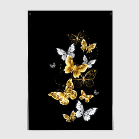 Постер с принтом Золотые бабочки в Тюмени, 100% бумага
 | бумага, плотность 150 мг. Матовая, но за счет высокого коэффициента гладкости имеет небольшой блеск и дает на свету блики, но в отличии от глянцевой бумаги не покрыта лаком | airy | black | butterfly | cool | cute | flight | flit | gold | insect | magical | white | wings | yellow | бабочка | белый | воздушный | волшебный | желтый | золото | крылья | милый | насекомое | полёт | порхать | прикольный | черный