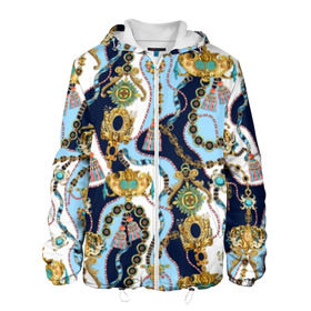 Мужская куртка 3D с принтом Барокко в Тюмени, ткань верха — 100% полиэстер, подклад — флис | прямой крой, подол и капюшон оформлены резинкой с фиксаторами, два кармана без застежек по бокам, один большой потайной карман на груди. Карман на груди застегивается на липучку | baroque | blue | chain | decoration | fringe | gold | ribbon | style | vintage | white | барокко | бахрома | белый | винтаж | золото | кисточка | лента | синий | стиль | украшения | цепочка