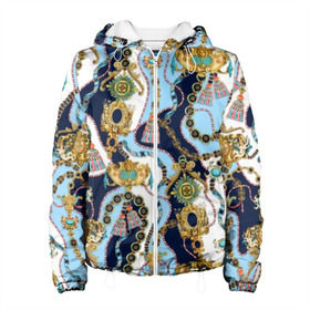 Женская куртка 3D с принтом Барокко в Тюмени, ткань верха — 100% полиэстер, подклад — флис | прямой крой, подол и капюшон оформлены резинкой с фиксаторами, два кармана без застежек по бокам, один большой потайной карман на груди. Карман на груди застегивается на липучку | baroque | blue | chain | decoration | fringe | gold | ribbon | style | vintage | white | барокко | бахрома | белый | винтаж | золото | кисточка | лента | синий | стиль | украшения | цепочка