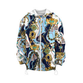 Детская куртка 3D с принтом Барокко в Тюмени, 100% полиэстер | застежка — молния, подол и капюшон оформлены резинкой с фиксаторами, по бокам — два кармана без застежек, один потайной карман на груди, плотность верхнего слоя — 90 г/м2; плотность флисового подклада — 260 г/м2 | baroque | blue | chain | decoration | fringe | gold | ribbon | style | vintage | white | барокко | бахрома | белый | винтаж | золото | кисточка | лента | синий | стиль | украшения | цепочка