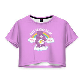 Женская футболка Cropp-top с принтом Заботливые мишки в Тюмени, 100% полиэстер | круглая горловина, длина футболки до линии талии, рукава с отворотами | best friend | rainbow | заботливые мишки | лучшие друзья | медведь | медвежонок | милота | мимими | миша | мишка | мишки радужные | мультик | радуга | сердечки