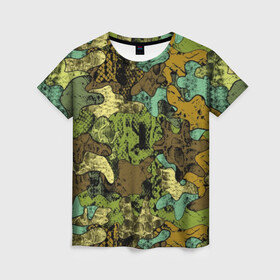 Женская футболка 3D с принтом Камуфляж в Тюмени, 100% полиэфир ( синтетическое хлопкоподобное полотно) | прямой крой, круглый вырез горловины, длина до линии бедер | abstraction | army | art | background | blue | camouflage | clothing | color | green | marsh | pattern | snake | stencil | uniform | абстракция | армия | арт | болотный | зеленый | змея | камуфляж | одежда | трафарет | узор | униформа | фон | цв