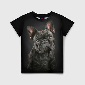 Детская футболка 3D с принтом Французский бульдог в Тюмени, 100% гипоаллергенный полиэфир | прямой крой, круглый вырез горловины, длина до линии бедер, чуть спущенное плечо, ткань немного тянется | animal | background | beast | black | breed | bulldog | cool | cute | dog | ears | french | jaw | look | muzzle | portrait | wool | бульдог | взгляд | животное | зверь | милый | пёс | порода | портрет | прикольно | псина | собака | уши | фон | фра