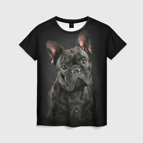 Женская футболка 3D с принтом Французский бульдог в Тюмени, 100% полиэфир ( синтетическое хлопкоподобное полотно) | прямой крой, круглый вырез горловины, длина до линии бедер | Тематика изображения на принте: animal | background | beast | black | breed | bulldog | cool | cute | dog | ears | french | jaw | look | muzzle | portrait | wool | бульдог | взгляд | животное | зверь | милый | пёс | порода | портрет | прикольно | псина | собака | уши | фон | фра