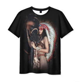 Мужская футболка 3D с принтом Девушка с лошадью в Тюмени, 100% полиэфир | прямой крой, круглый вырез горловины, длина до линии бедер | american | animal | black | body | color | costume | ethnic | girl | horse | indian | national | nature | race | red | totem | white | woma | белый | девушка | женщина | животное | индейский | индейцы | костюм | краснокожий | красный | лошадь | молодость 