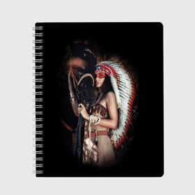 Тетрадь с принтом Девушка с лошадью в Тюмени, 100% бумага | 48 листов, плотность листов — 60 г/м2, плотность картонной обложки — 250 г/м2. Листы скреплены сбоку удобной пружинной спиралью. Уголки страниц и обложки скругленные. Цвет линий — светло-серый
 | Тематика изображения на принте: american | animal | black | body | color | costume | ethnic | girl | horse | indian | national | nature | race | red | totem | white | woma | белый | девушка | женщина | животное | индейский | индейцы | костюм | краснокожий | красный | лошадь | молодость 