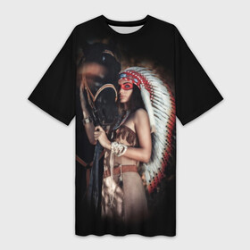 Платье-футболка 3D с принтом Девушка с лошадью в Тюмени,  |  | american | animal | black | body | color | costume | ethnic | girl | horse | indian | national | nature | race | red | totem | white | woma | белый | девушка | женщина | животное | индейский | индейцы | костюм | краснокожий | красный | лошадь | молодость 