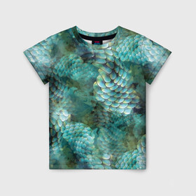 Детская футболка 3D с принтом Чешуя русалки в Тюмени, 100% гипоаллергенный полиэфир | прямой крой, круглый вырез горловины, длина до линии бедер, чуть спущенное плечо, ткань немного тянется | blue | color | fish | gray | green | mermaid | neyad | pattern | scales | sea | siren | skin | turquoise | wallpaper | water | бирюзовый | вода | зеленый | кожа | море | неяда | обои | паттерн | русалка | рыба | серый | сирена | цвет | чешуя