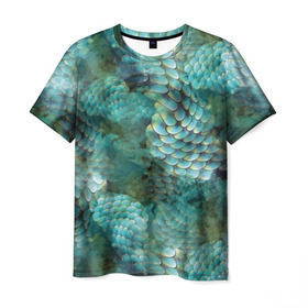 Мужская футболка 3D с принтом Чешуя русалки в Тюмени, 100% полиэфир | прямой крой, круглый вырез горловины, длина до линии бедер | blue | color | fish | gray | green | mermaid | neyad | pattern | scales | sea | siren | skin | turquoise | wallpaper | water | бирюзовый | вода | зеленый | кожа | море | неяда | обои | паттерн | русалка | рыба | серый | сирена | цвет | чешуя