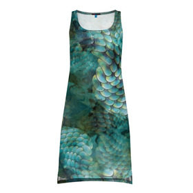 Платье-майка 3D с принтом Чешуя русалки в Тюмени, 100% полиэстер | полуприлегающий силуэт, широкие бретели, круглый вырез горловины, удлиненный подол сзади. | blue | color | fish | gray | green | mermaid | neyad | pattern | scales | sea | siren | skin | turquoise | wallpaper | water | бирюзовый | вода | зеленый | кожа | море | неяда | обои | паттерн | русалка | рыба | серый | сирена | цвет | чешуя