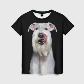 Женская футболка 3D с принтом Белый шнауцер в Тюмени, 100% полиэфир ( синтетическое хлопкоподобное полотно) | прямой крой, круглый вырез горловины, длина до линии бедер | animal | background | beast | black | breed | cool | cute | dog | ears | fangs | jaw | look | muzzle | portrait | tongue | white | wool | белый | взгляд | животное | зверь | клыки | милый | пёс | порода | портрет | прикольно | псина | собака | уши