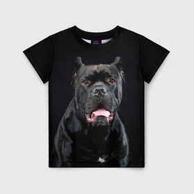 Детская футболка 3D с принтом Черный кан - корсо в Тюмени, 100% гипоаллергенный полиэфир | прямой крой, круглый вырез горловины, длина до линии бедер, чуть спущенное плечо, ткань немного тянется | animal | background | beast | black | breed | can   corso | cool | cute | dog | ears | fangs | jaw | look | muzzle | portrait | tongue | wool | взгляд | животное | зверь | кан   корсо | клыки | милый | пёс | порода | портрет | прикольно | псина | 