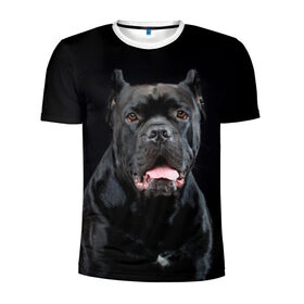 Мужская футболка 3D спортивная с принтом Черный кан - корсо в Тюмени, 100% полиэстер с улучшенными характеристиками | приталенный силуэт, круглая горловина, широкие плечи, сужается к линии бедра | animal | background | beast | black | breed | can   corso | cool | cute | dog | ears | fangs | jaw | look | muzzle | portrait | tongue | wool | взгляд | животное | зверь | кан   корсо | клыки | милый | пёс | порода | портрет | прикольно | псина | 