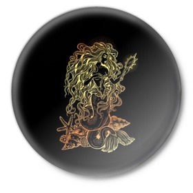 Значок с принтом Золотая русалка с зеркалом в Тюмени,  металл | круглая форма, металлическая застежка в виде булавки | Тематика изображения на принте: 