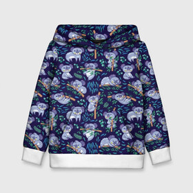 Детская толстовка 3D с принтом Фиолетовые коалы в Тюмени, 100% полиэстер | двухслойный капюшон со шнурком для регулировки, мягкие манжеты на рукавах и по низу толстовки, спереди карман-кенгуру с мягким внутренним слоем | Тематика изображения на принте: animal | australia | baby | bear | blue | color | cute | exotic | green | illustration | koala | pattern | purple | vector | young | австралия | вектор | ветка | детеныш | животное | зеленый | иллюстрация | коала | листья | малыш | медведь | мил