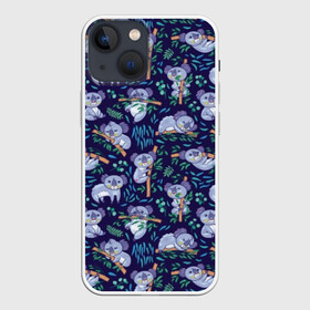 Чехол для iPhone 13 mini с принтом Фиолетовые коалы в Тюмени,  |  | animal | australia | baby | bear | blue | color | cute | exotic | green | illustration | koala | pattern | purple | vector | young | австралия | вектор | ветка | детеныш | животное | зеленый | иллюстрация | коала | листья | малыш | медведь | мил