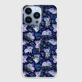 Чехол для iPhone 13 Pro с принтом Фиолетовые коалы в Тюмени,  |  | animal | australia | baby | bear | blue | color | cute | exotic | green | illustration | koala | pattern | purple | vector | young | австралия | вектор | ветка | детеныш | животное | зеленый | иллюстрация | коала | листья | малыш | медведь | мил