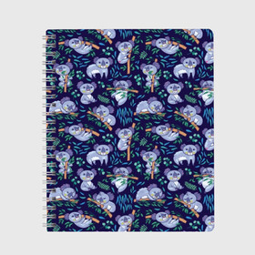 Тетрадь с принтом Фиолетовые коалы в Тюмени, 100% бумага | 48 листов, плотность листов — 60 г/м2, плотность картонной обложки — 250 г/м2. Листы скреплены сбоку удобной пружинной спиралью. Уголки страниц и обложки скругленные. Цвет линий — светло-серый
 | animal | australia | baby | bear | blue | color | cute | exotic | green | illustration | koala | pattern | purple | vector | young | австралия | вектор | ветка | детеныш | животное | зеленый | иллюстрация | коала | листья | малыш | медведь | мил