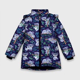 Зимняя куртка для девочек 3D с принтом Фиолетовые коалы в Тюмени, ткань верха — 100% полиэстер; подклад — 100% полиэстер, утеплитель — 100% полиэстер. | длина ниже бедра, удлиненная спинка, воротник стойка и отстегивающийся капюшон. Есть боковые карманы с листочкой на кнопках, утяжки по низу изделия и внутренний карман на молнии. 

Предусмотрены светоотражающий принт на спинке, радужный светоотражающий элемент на пуллере молнии и на резинке для утяжки. | animal | australia | baby | bear | blue | color | cute | exotic | green | illustration | koala | pattern | purple | vector | young | австралия | вектор | ветка | детеныш | животное | зеленый | иллюстрация | коала | листья | малыш | медведь | мил