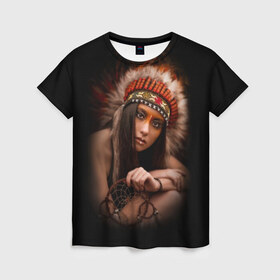 Женская футболка 3D с принтом Индейская девушка в Тюмени, 100% полиэфир ( синтетическое хлопкоподобное полотно) | прямой крой, круглый вырез горловины, длина до линии бедер | american | beauty | body | costume | dark | ethnic | face | girl | hair | look | national | nature | race | shaman | взгляд | волосы | девушка | женщина | индейский | индейцы | кор | костюм | краснокожий | красный | красота | лицо | ловец снов | макияж | 