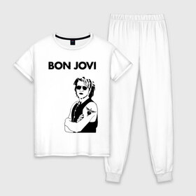 Женская пижама хлопок с принтом Bon Jovi в Тюмени, 100% хлопок | брюки и футболка прямого кроя, без карманов, на брюках мягкая резинка на поясе и по низу штанин | bon jovi | альбом | арена | бон | бон джови | глэм | группа | джови | джон | метал | музыка | надпись | песни | поп | попрок | рок | рокер | смайл | солист | софт | стена | хард | хеви | хевиметал