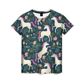Женская футболка 3D с принтом Единороги в Тюмени, 100% полиэфир ( синтетическое хлопкоподобное полотно) | прямой крой, круглый вырез горловины, длина до линии бедер | бутоны | грива | единорог | конь | лошадка | лошадь | луг | паттерн | поле | растения | цветы