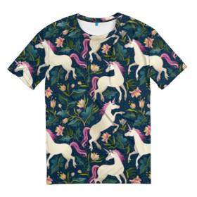 Мужская футболка 3D с принтом Единороги в Тюмени, 100% полиэфир | прямой крой, круглый вырез горловины, длина до линии бедер | бутоны | грива | единорог | конь | лошадка | лошадь | луг | паттерн | поле | растения | цветы