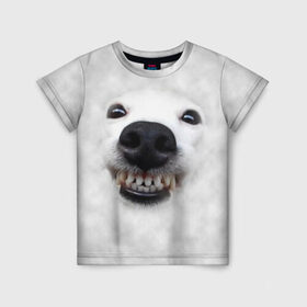 Детская футболка 3D с принтом Собака - улыбака в Тюмени, 100% гипоаллергенный полиэфир | прямой крой, круглый вырез горловины, длина до линии бедер, чуть спущенное плечо, ткань немного тянется | животные | зубы | мордочка | пес | прикол | смешная | собака | улыбака | улыбка | щенок | юмор