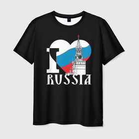 Мужская футболка 3D с принтом Я люблю Россию в Тюмени, 100% полиэфир | прямой крой, круглый вырез горловины, длина до линии бедер | black | blue | clock | flag | heart | homeland | kremlin | moscow | patriot | patriotism | red | red square | russia | slogan | text | tower | white | башня | белый | красная площадь | красный | кремль | лозунг | москва | патриот | патриотизм | родина | р