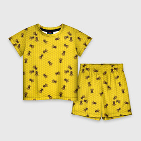 Детский костюм с шортами 3D с принтом Пчелы в сотах в Тюмени,  |  | bee | beehive | brown | bug | honey | honeycomb | insect | toiler | yellow | букашка | желтый | коричневый | мёд | насекомое | пчела | соты | труженик | улей