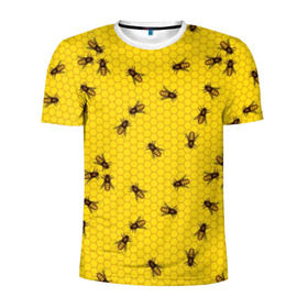 Мужская футболка 3D спортивная с принтом Пчелы в сотах в Тюмени, 100% полиэстер с улучшенными характеристиками | приталенный силуэт, круглая горловина, широкие плечи, сужается к линии бедра | Тематика изображения на принте: bee | beehive | brown | bug | honey | honeycomb | insect | toiler | yellow | букашка | желтый | коричневый | мёд | насекомое | пчела | соты | труженик | улей