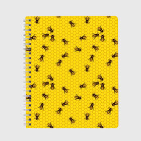 Тетрадь с принтом Пчелы в сотах в Тюмени, 100% бумага | 48 листов, плотность листов — 60 г/м2, плотность картонной обложки — 250 г/м2. Листы скреплены сбоку удобной пружинной спиралью. Уголки страниц и обложки скругленные. Цвет линий — светло-серый
 | bee | beehive | brown | bug | honey | honeycomb | insect | toiler | yellow | букашка | желтый | коричневый | мёд | насекомое | пчела | соты | труженик | улей