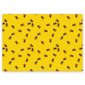 Поздравительная открытка с принтом Пчелы в сотах в Тюмени, 100% бумага | плотность бумаги 280 г/м2, матовая, на обратной стороне линовка и место для марки
 | bee | beehive | brown | bug | honey | honeycomb | insect | toiler | yellow | букашка | желтый | коричневый | мёд | насекомое | пчела | соты | труженик | улей