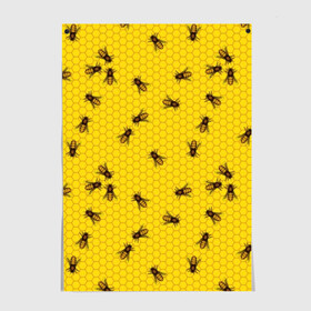 Постер с принтом Пчелы в сотах в Тюмени, 100% бумага
 | бумага, плотность 150 мг. Матовая, но за счет высокого коэффициента гладкости имеет небольшой блеск и дает на свету блики, но в отличии от глянцевой бумаги не покрыта лаком | bee | beehive | brown | bug | honey | honeycomb | insect | toiler | yellow | букашка | желтый | коричневый | мёд | насекомое | пчела | соты | труженик | улей