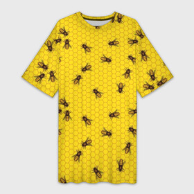 Платье-футболка 3D с принтом Пчелы в сотах в Тюмени,  |  | bee | beehive | brown | bug | honey | honeycomb | insect | toiler | yellow | букашка | желтый | коричневый | мёд | насекомое | пчела | соты | труженик | улей