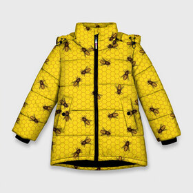 Зимняя куртка для девочек 3D с принтом Пчелы в сотах в Тюмени, ткань верха — 100% полиэстер; подклад — 100% полиэстер, утеплитель — 100% полиэстер. | длина ниже бедра, удлиненная спинка, воротник стойка и отстегивающийся капюшон. Есть боковые карманы с листочкой на кнопках, утяжки по низу изделия и внутренний карман на молнии. 

Предусмотрены светоотражающий принт на спинке, радужный светоотражающий элемент на пуллере молнии и на резинке для утяжки. | bee | beehive | brown | bug | honey | honeycomb | insect | toiler | yellow | букашка | желтый | коричневый | мёд | насекомое | пчела | соты | труженик | улей