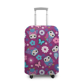 Чехол для чемодана 3D с принтом Милые совы в Тюмени, 86% полиэфир, 14% спандекс | двустороннее нанесение принта, прорези для ручек и колес | бабочка | белый | лиловый | мило | пернатые | прикольно | птица | розовый | синий | сова | совушка | цветок